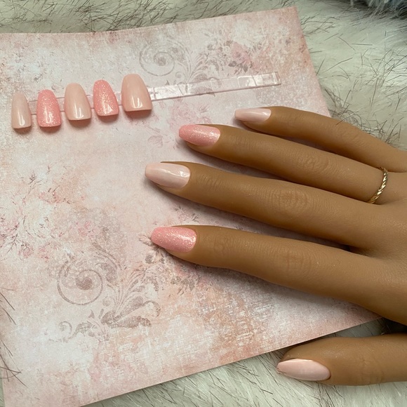 MODE CHANGE MARBLE PRESS ON NAILS PINK NUDE NEUTRAL SAKURA SHORT COFFIN SET SZ M - Picture 2 of 14